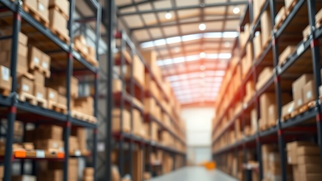 A modern warehouse interior with organized shelves showcasing efficient storage.
