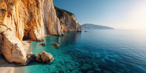 Vista Coastline Natural wonder concept. Serene coastline with cliffs and clear blue waters under a bright sky.
