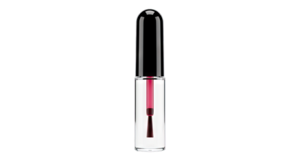 Clear bottle of pink nail polish with black cap and applicator brush isolated on a transparent background with studio lighting