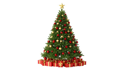 A beautifully decorated christmas tree with presents underneath on a black background