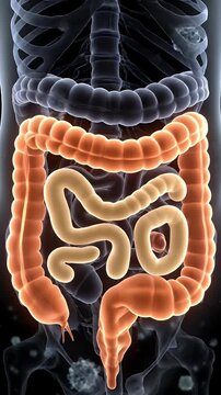 Human Colon Anatomy Animation in Transparent Black Body with Orange Highlight Internal Organ System for Medical Study and Pharmaceutical Advertisement Background