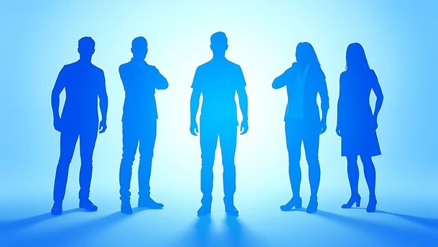 Blue abstract human silhouette on gradient, symbolizing teamwork and corporate collaboration.