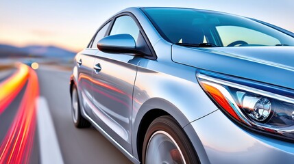 Fototapeta premium A silver car is driving down a road with a bright blue sky in the background. The car is moving quickly and the sky is filled with light, creating a sense of motion and excitement