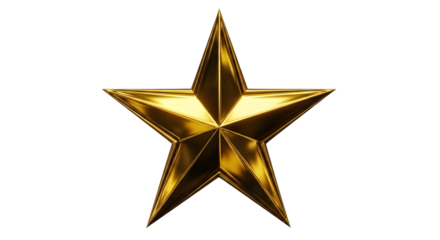 A gleaming golden five pointed star with sharp edges and reflective surfaces on a dark background
