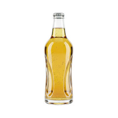 Clear glass bottle filled with golden bubbly beverage and small dark particles isolated on a transparent background showcasing product in studio lighting