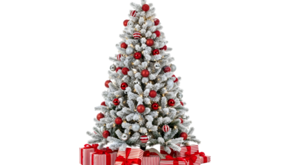 Flocked christmas tree decorated with red ornaments and bows surrounded by wrapped gifts
