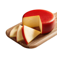Realistic Edam cheese wheel and slices on wood surface on transparent background