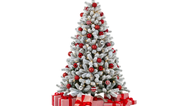 Flocked christmas tree decorated with red ornaments and bows surrounded by wrapped gifts