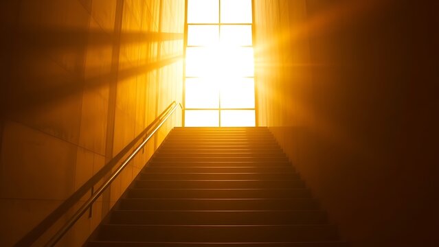 Golden sunlight casting dramatic shadows through an abstract geometric staircase in an architectural setting.