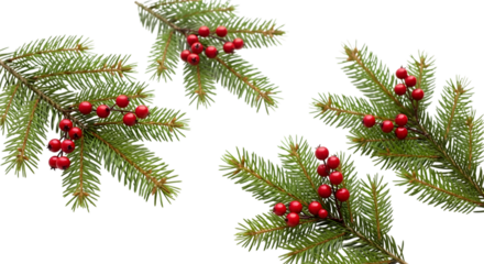Festive evergreen branches adorned with bright red berries against a dark background