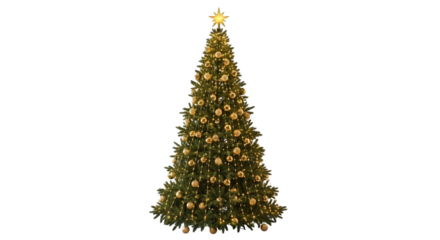 A tall fully decorated christmas tree with golden ornaments and lights against a black background