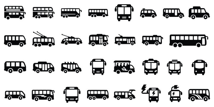 Collection of black bus and van icons on white background vehicle transport
