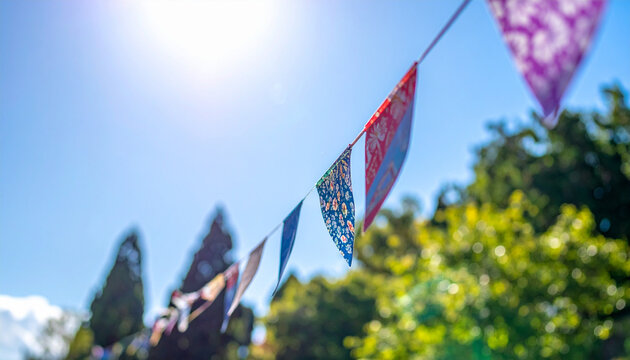 Celebrate joyful summer days with vibrant party bunting against a bright blue sky background, perfect for festive occasions and outdoor events
