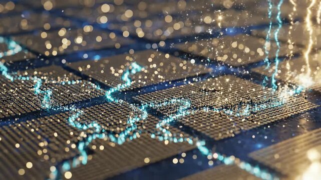 Nanoscale solar panels capturing light photons, tiny golden grids flickering like a cosmic city powered by starlight - Powered by Adobe