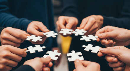 Many hands holding white jigsaw pieces in a circle on a dark backdrop to symbolize cooperation and collaboration to solve business problem with a strong teamwork.