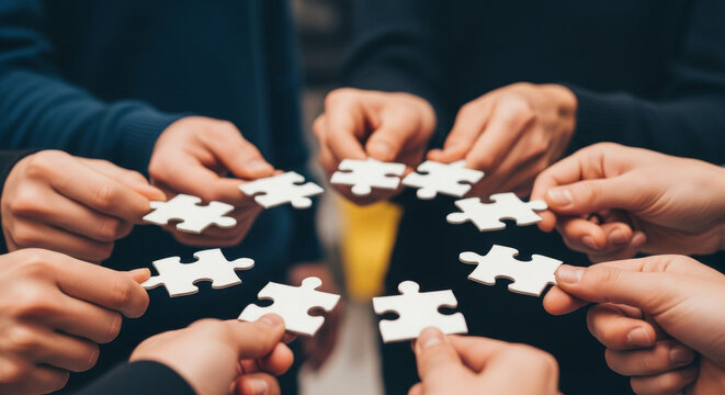 Many hands holding white jigsaw pieces in a circle on a dark backdrop to symbolize cooperation and collaboration to solve business problem with a strong teamwork.