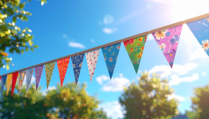 Celebrate outdoor events with vibrant party bunting against sunny blue skies and lush green trees, perfect for summer picnics and festive gatherings