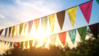 Celebrate with vibrant party flags against a sunny sky, perfect for summer events and festive occasions, bringing joy and colorful fun to any celebration