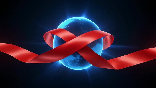 Red ribbon encircling glowing globe symbolizing global health awareness and support