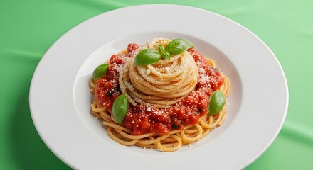 A plate of spaghetti pasta topped with tomato sauce, grated cheese, and fresh basil leaves served on a white dish against a green background