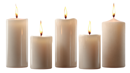 Set of pillar candles with glowing flames and warm light on transparent background
