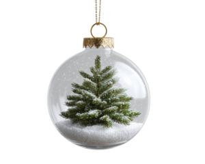 Miniature snow-covered Christmas tree inside transparent ornament ball, magical PNG for enchanted winter holidays
