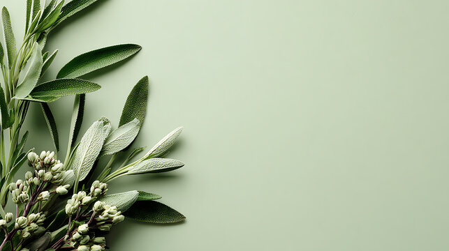 Fresh green sage rosemary sprigs with delicate white buds herbs