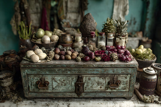 El altar de muertos tiene muchas frutas y objetos.