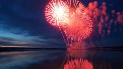 Vibrant fireworks exploding over tranquil lake at night creating stunning reflections - Powered by Adobe