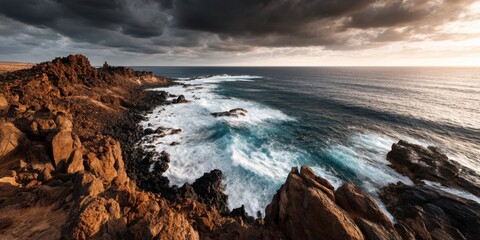 Vista Coastline Natural wonder concept. Dramatic coastline with waves crashing against rocky cliffs.