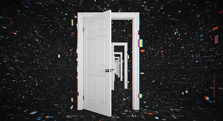 Open Door Leading to Multiple Doors with Glitch Effect