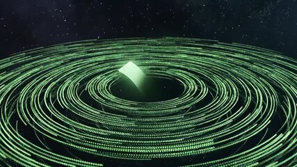 Abstract 3D animation of chaotic data particles organizing into harmonious green circles with a checkmark.