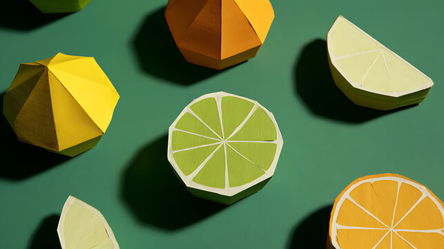 Geometric papercraft citrus fruits arrangement yellow lemon orange lime slices origami