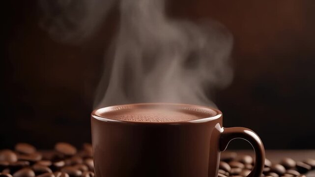 A steaming dark brown mug of hot coffee surrounded by scattered roasted coffee beans on a dark background, evoking warmth and comfort.