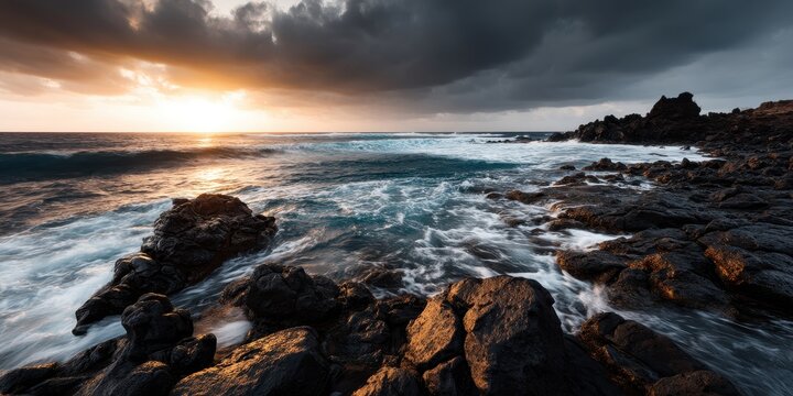 Vista Coastline Natural wonder concept. Dramatic sunset over rocky shoreline with turbulent waves. - Powered by Adobe