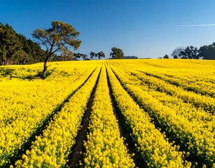 Sunny landscape of blooming yellow flowers in a vast field, rows receding