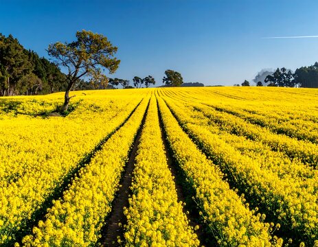 Sunny landscape of blooming yellow flowers in a vast field, rows receding