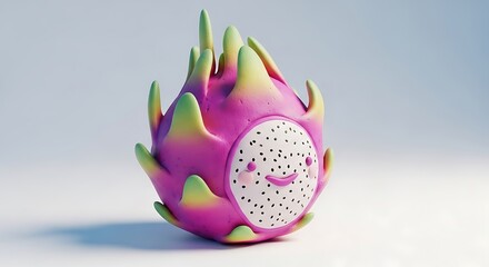 Cute Dragon Fruit Character with Happy Face and Pink and Green Skin.