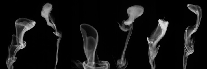A set of six different steam, smoke, gas isolated on a black background. Swirling, writhing smoke to overlay on your photos. Smoky banner. Halloween design.