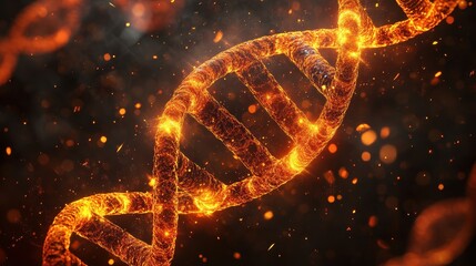 A DNA strand is shown in a fiery, glowing state. Concept of destruction and chaos, as the DNA strand is being burned and destroyed