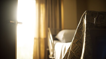 Hospital bed, sunlit room with open door, medical facility interior, close - up view, copy space