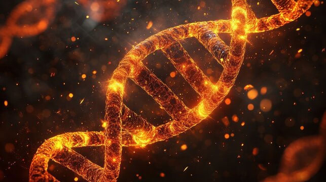 A DNA strand is shown in a fiery, glowing state. Concept of destruction and chaos, as the DNA strand is being burned and destroyed - Powered by Adobe