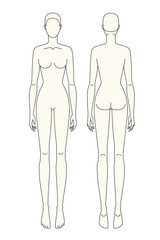 Lady figures illustration front and back view vector design mockup template technical flat drawing.