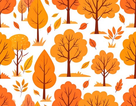 A whimsical autumnal pattern features stylized trees and falling leaves in shades of orange and brown, all over a white background