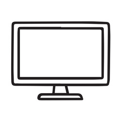 A simple black and white vector icon of a computer monitor featuring clean outlines and a minimal frame, designed to represent digital work, modern technology, and clean interface aesthetics.