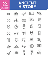 Ancient History Line Icons Scroll Temple Book Map Dove Hourglass Castle Timeline World Seal