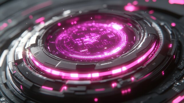 A glowing, pink, and black object with a circular shape. The object is surrounded by a purple glow