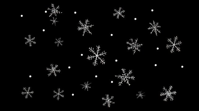 Winter wonderland snowflakes against black background abstract art digital illustration calm atmosphere close-up seasonal aesthetic