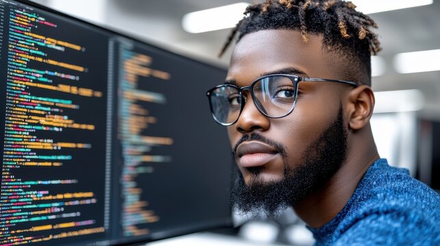 A man with glasses is looking at a computer screen with a lot of code on it. Concept of focus and concentration as the man stares at the screen