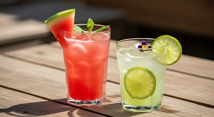 Two refreshing summer cocktails on a rustic wooden table outdoors.
